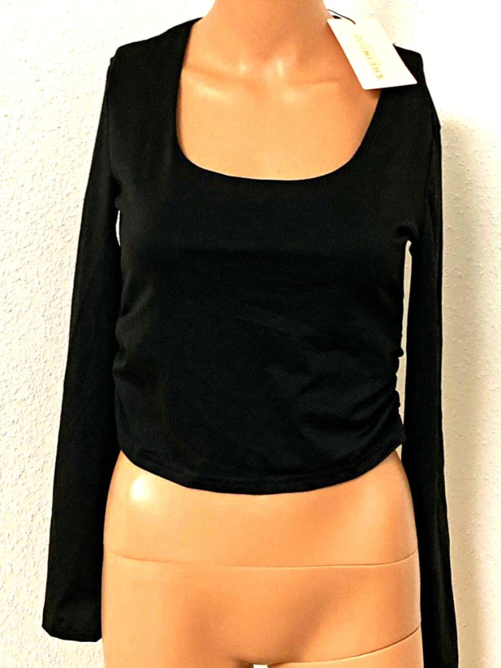 SHEIN Women's S Black Square Neck Long Sleeve Cropped Pullover Top NWT